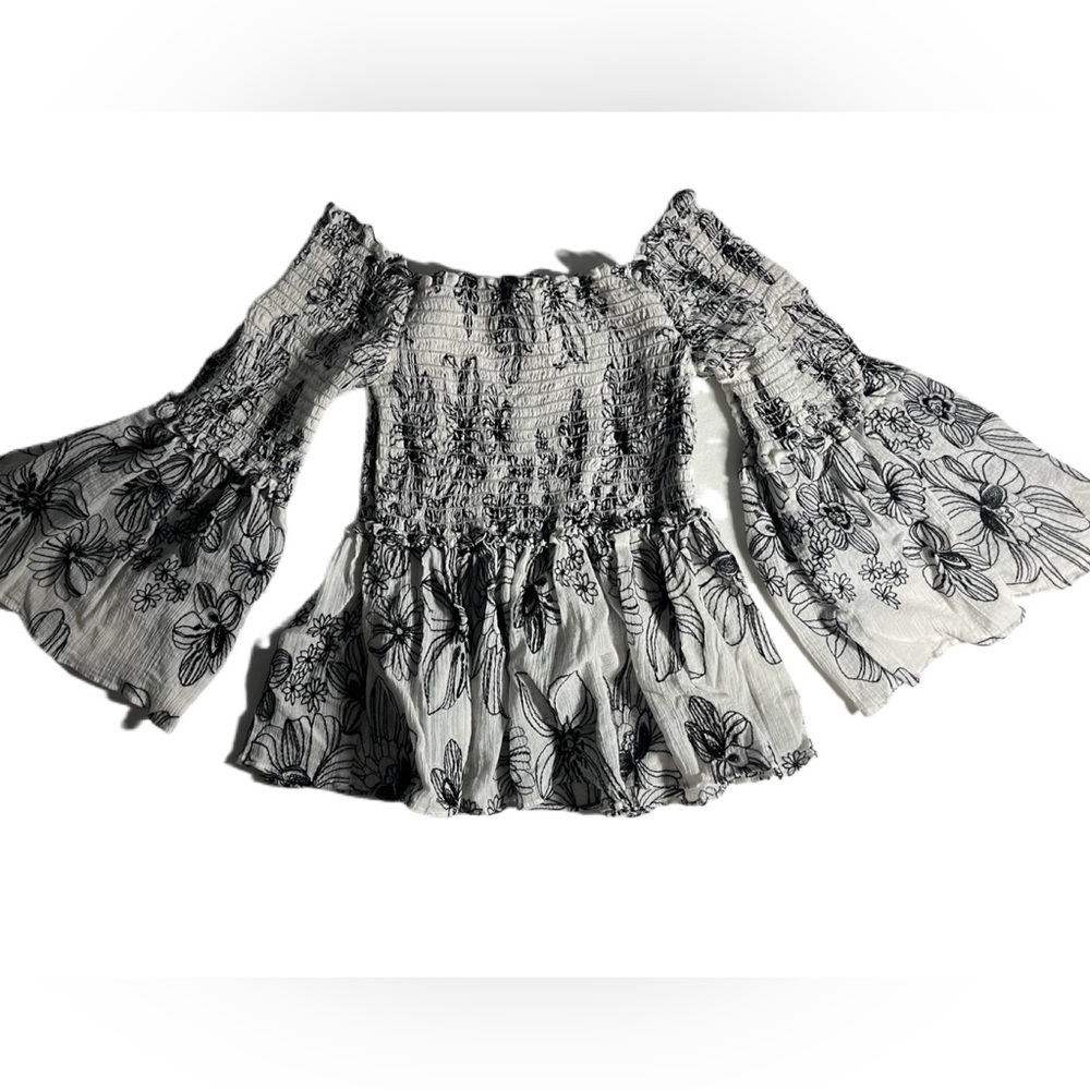 Max Studio London Smocked Off the Shoulder Floral Black White Peasant Top XS